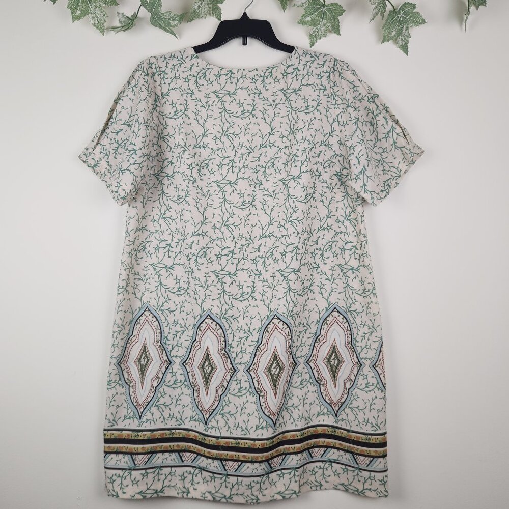 Ines Size 1X Short Sleeve Cream Green Boho Linen Blend Shift Dress